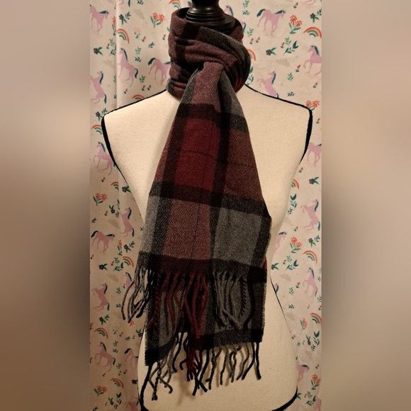 Vintage Maroon & Grey Plaid Merino Wool Casual Unisex Scarf Wrap w/ Fringe - Picture 1 of 7